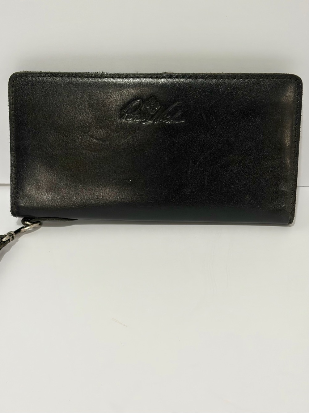 Patricia Nash Black Valentia Leather Wallet Wristlet With Embossed Logo